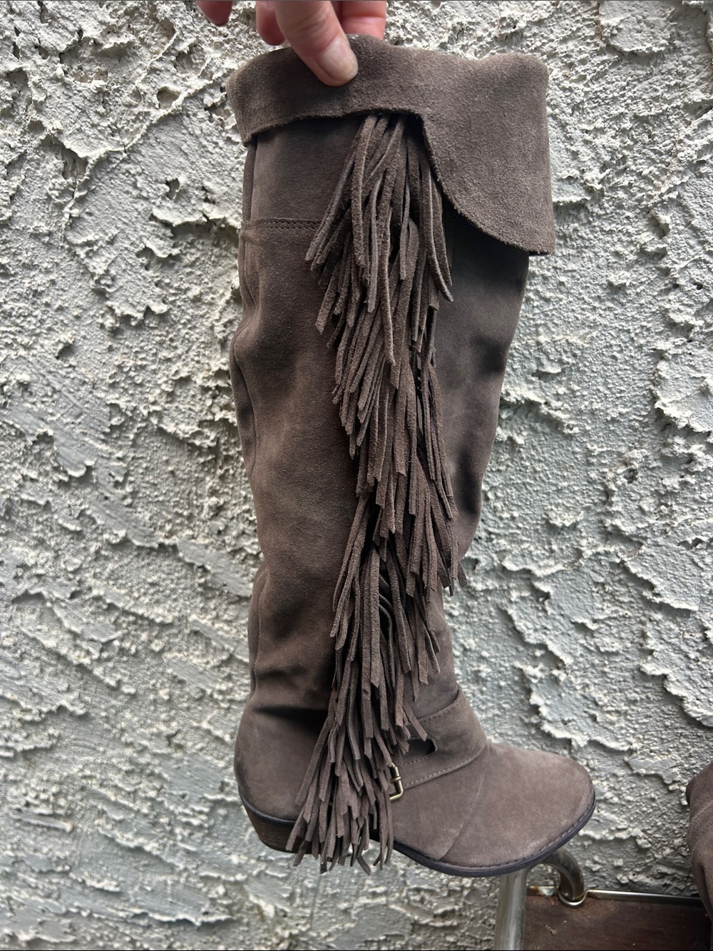 Fringe Suede Knee-High Boots - Brown